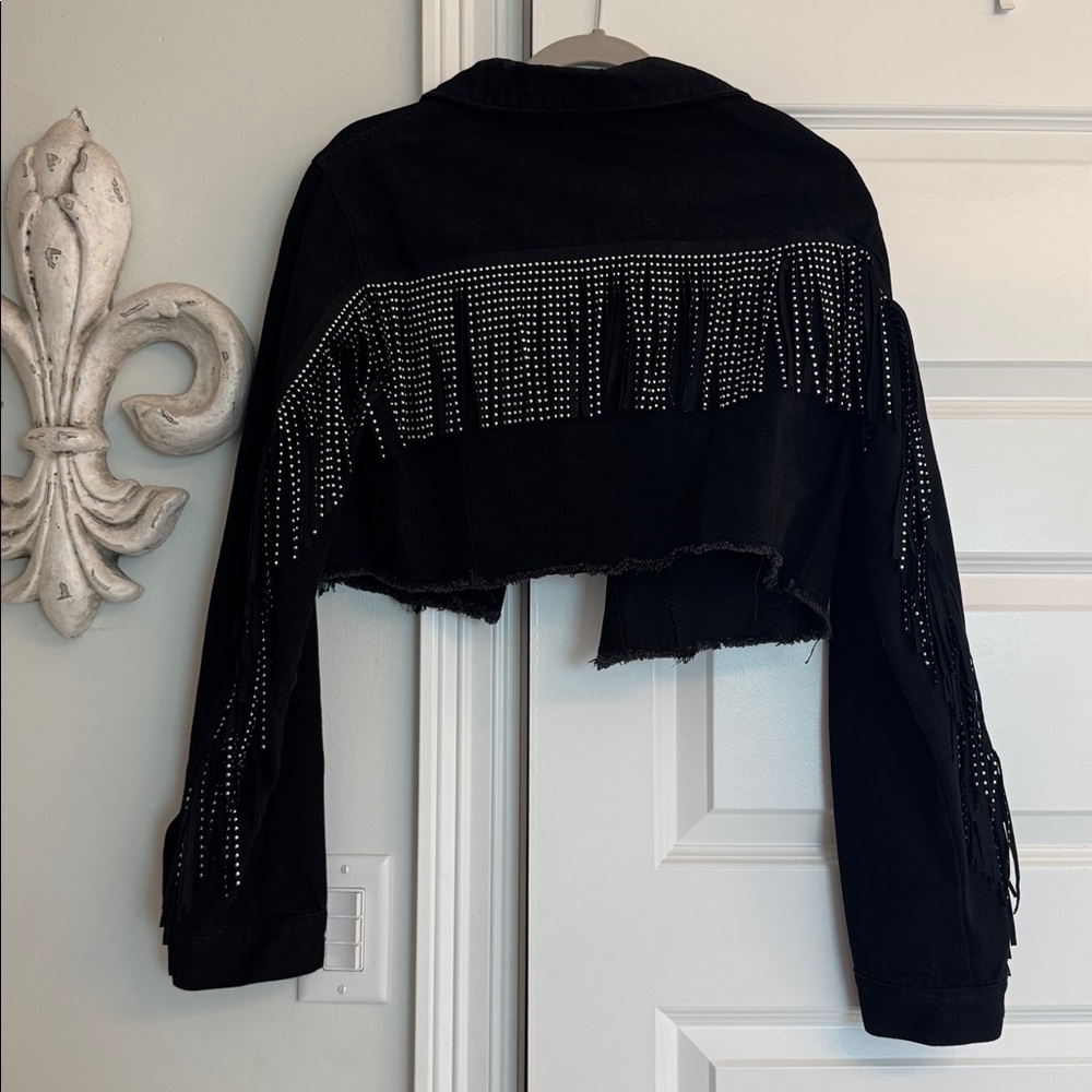 Black Fringe Studded Cropped Jacket